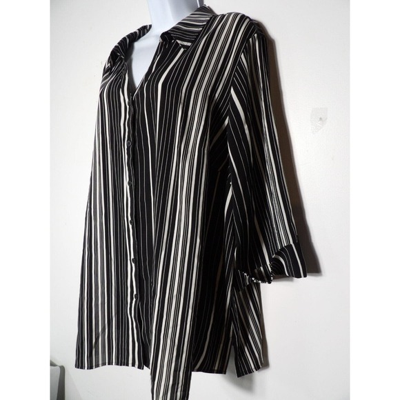 Catherines 1X 18/20 Blouse Black White Striped Collared Button Office Career - Picture 2 of 11